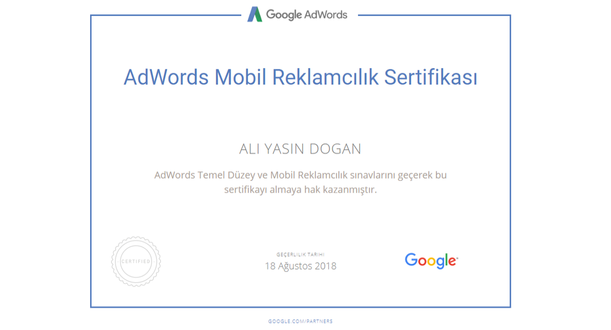 Adwords Temel Düzey & Mobil Reklamcılık Sertifikası |aliyasindogan.com